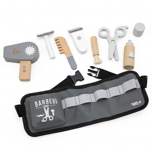 Personalisierbares Friseurset aus Holz – Kofferset mit Schere, Föhn, Kamm & Zubehör – fördert Rollenspiel & Kreativität – für Kinder – mit Namen personalisiert – Tryco