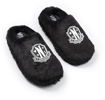 Wednesday Girls Black Logo Mule Slippers | Fluffy Indoor Slippers for Home | Television Show Merchandise | Comfortable Footwear for Kids | Soft Slippers for Girls Merch