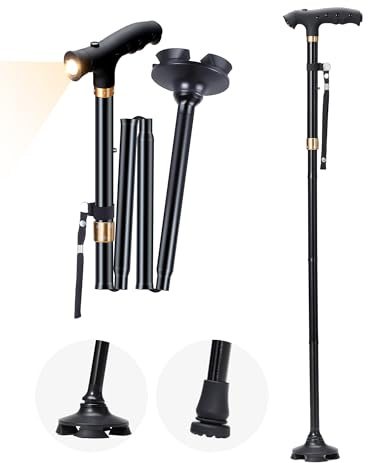 Sinocare Walking Stick, Adjustable Folding Walking Sticks for Women and Men | Lightweight, Portable, Collapsible, with a Lighting Lamp, Travel Walking Cane for Women and Men, Black