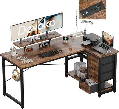 Devoko L-Form Schreibtisch 140×80cm mit Steckdosen, beidseitig montierbar | L-Form Eckschreibtisch mit 4 Stoffschubladen & viel Stauraum, Computertisch mit Steckdosen, ideal für Homeoffice und Gaming