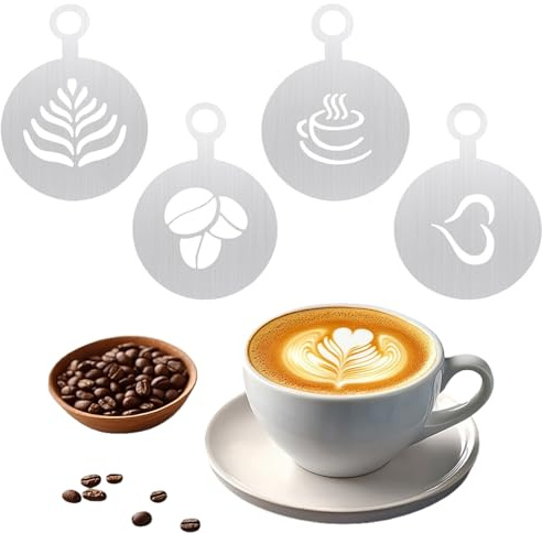 Edelstahl-Kaffeeschablonen, 4 Stück Latte-Art Kaffee-Dekorationsschablonen, Cappuccino Schablonen Kaffeezubehör für Kaffee-Girlande, Personalisierte Vorlage Kuchen Dekoration (Silber 4 Stück A)