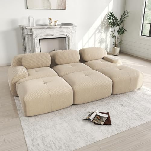 PUGSDRLY Canapé Modulaire en Velours Côtelé, Canapé d'angle Convertible, Accoudoirs Incurvés et Dessous Antidérapant, Hautement élastique 32D, sans Assemblage (Beige, 3 Places + 3 Repose-Pied)