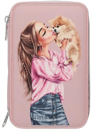 Depesche 14008 TOPModel Dots - Gefüllte 2-Fach Federtasche in Rosa, mit Model Motiv und Hund, Federmappe mit Buntstiften, Schere, Lineal UVM.