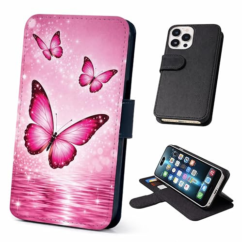 Speaking of Gifts Pink Butterflies Wallet Phone Case Flip Cover Compatible with iPhone SE 7 8 X XR 11 12 13 14 15 16 16E 17 Plus Mini Pro Max – Faux Leather Butterfly Pattern