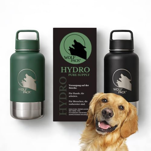 Wolfpack Hydro Hundetrinkflasche für unterwegs – 1 L 3-in-1 Edelstahl-Trinkflasche mit 2 Hundenäpfen für Wasser und Futter, vakuumisoliert, auslaufsicher, BPA-frei, Karabiner