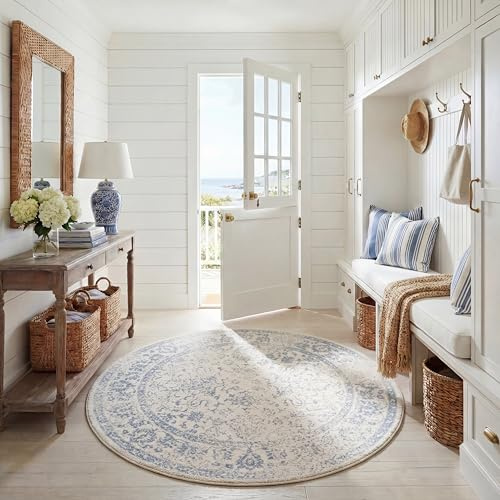 SAFAVIEH Adirondack Collection Area Rug - 6' Round, Ivory & Slate, Distressed Vintage Floral Design, Non-Shedding & Easy to Clean, Ideal for Living Room, Bedroom, Dining Space (ADR109S)