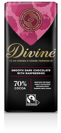 Divine 70% Dark Chocolate with Raspberries, 90 g bar