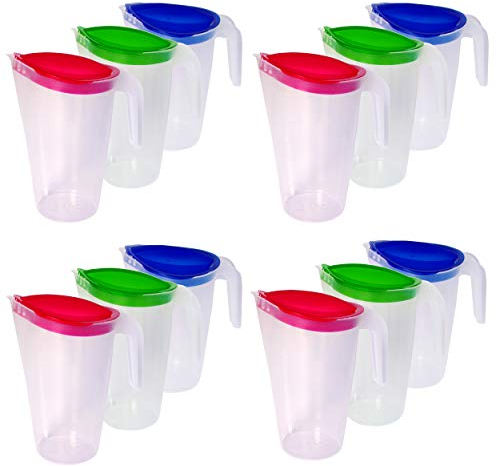 Home Line Lot de 12 pichets à jus de 1,7 l - Verseuse avec bec verseur extérieur anti-goutte - Carafe à eau pour réfrigérateur - Distributeur de jus (bleu, vert, rouge)