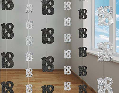 18th Glitz Black and Silver Anniversary Birthday Metallic Hanging String Shiny Foil Banner Party Door Wall Decorations Pack of 6