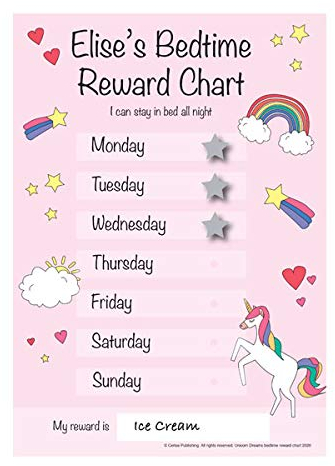 Customisable Girls Unicorn Dreams Bedtime Reward Chart A4 durable re-usable reward chart with hook and loop fastening stars, for kids & toddlers at home or away. …