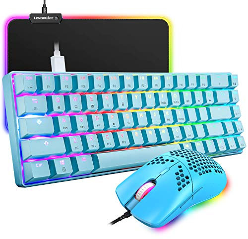 LexonElec 60% Mechanical Gaming Keyboard Blue Switch Mini 68 Keys Wired Type C 18 Backlight Effects + Lightweight RGB 6400DPI Honeycomb Optical Mouse + RGB Mouse Pad For Gamers and Typists - Blue