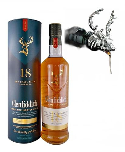 Glenfiddich 18 Jahre scotch Single Malt Whisky & 1 Ausgießer Hirschkopf | Glenfiddich mit Hirschkopf mit Zinklegierung absoluter Eyecatcher Genießer Set Männergeschenke Geschenk idee Whiskey