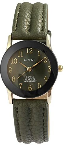 Akzent Damen-Uhr Kunstleder Dornschließe Analog Quarz 1900273 (grün goldfarbig)
