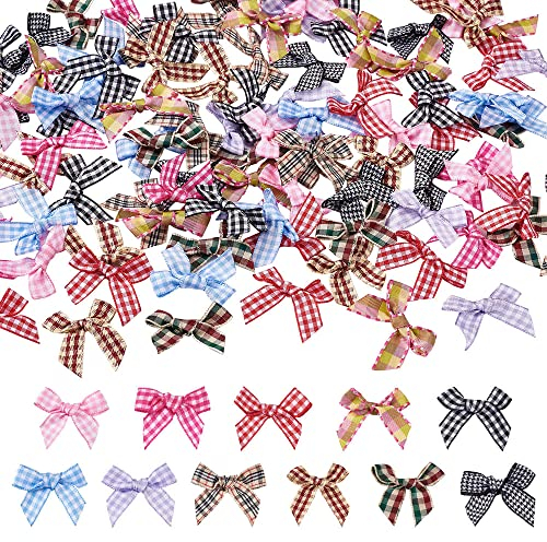 Pandahall Mini-Bandschleifen mit Gingham-Muster, 3,5 - 3,8 cm breit, doppelseitig, kariert, Blumen, Kariert, Schleife, Applikationen, fertig für Weihnachtsbaum, Nähen, Scrapbooking, Hochzeit,