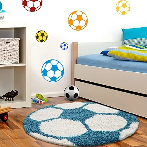 Muratap Teppich Kinderzimmer Kinderteppich Spielteppich Fußball - Spielzimmer Kinderzimmer Jugendzimmer Jungen, Mädchen Sport Dekoration - Große: 100 cm - Rund - Farbe: Türkis/Weiß