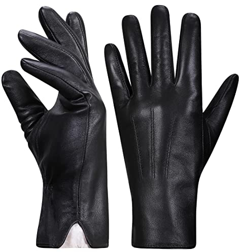 Harssidanzar Leder handschuhe für Damen,Winter Kaninchenfell gefütterte weiche Echtlederhandschuhe KL027EU,Schwarz,Größe M