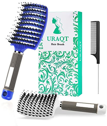 URAQT Haarbürste, Profi Entwirrungsbürste mit Griff, Haarbürste ohne Ziepen, Wildschweinborsten Haarstyling Bürste für Locken Lange Feine Dicke Lockige Haare (O-blau+weiß)