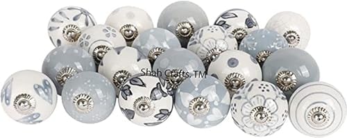 Shah Crafts.Ceramic Door Knobs Set of 12 Grey and White Premium Quality Assorted Flower Designs Handmade for Vintage Interior Furniture, Cabinet Cupboard Wardrobe Drawers Pulls Handles