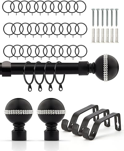 Emma Barclay Extendable Curtain Pole With Finials Rings Brackets & Fittings Sets 16-19mm in Matt Black Metal Curtain Poles For Eyelet Curtains Rod - Bling Diamond Collection 1.6m - 3m Matt Black