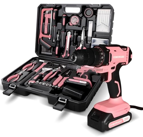 COMOWARE COMOWARE Rosa Werkzeugkoffer mit 20 V Bohrer, 120-teiliges rosa Werkzeugset, Werkzeugset für Zuhause, rosa Bohrer-Set für Frauen, Elektrowerkzeug-Kombi-Kits mit 2,0 Ah Li-Ionen-Akku &