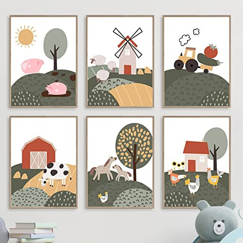CAYBES 6 Stück Abstrakte Schwein Kuh Huhn Hütte Traktor Kinderzimmer Wandkunst Leinwand Gemälde Bauernhof Tiere Poster Drucke Bilder Baby Kinderzimmer Dekor-A4 (Ohne Rahmen)