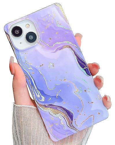 KERZZIL Luxuriöse Schutzhülle für iPhone 13, 15,5 cm (6,1 Zoll), glitzerndes Marmor-Design, quadratischer Rand, schick, schlank, goldbeschichtet, TPU-Silikon-Gummi, Gel, stabile Schutzhülle (lila)