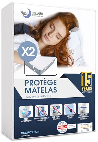 Dreamzie Protege Matelas 90x190 Impermeable (Lot de 2) Certifié Oeko TEX - Alèse en Coton Respirant avec 4 Coins Elastiques