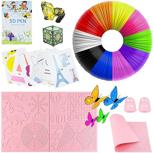 3d Stift Zubehör Set, 3D stift Vorlage, 3D Stift Filament PLA 10 Farbe 1,75mm je 5M, GroßEs Silikonpad 45 * 28cm mit 2 Fingerschutz, 3D Stift für Kinder und Anfänger