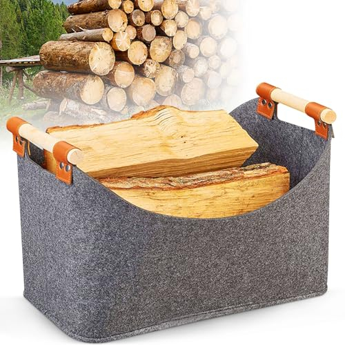 Forhome Holzkorb FüR Kaminholz, Filztasche Holzkorb für kaminholz, Faltbar Groß Holzkorb für Kaminholz, für Brennholz, Spielzeug, Bücher, Kleidung, Zeitungen 45 x 32 x 40 cm, Grau