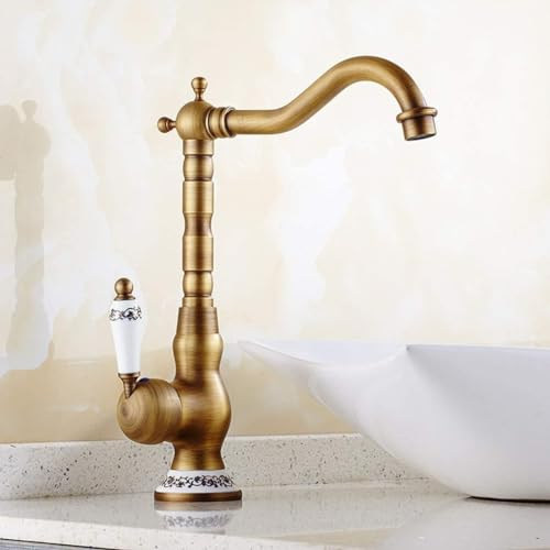 Namuoto Robinet Lavabo Retro Poignée Unique Robinetterie de Lavabo Robinet Salle de Bain, Style Rétro, Poignée en Céramique(Laiton Antique, Haut)