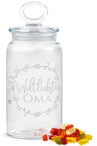 PR Print Royal Keksdose aus Glas mit Gravur - Weltliebste Oma - 1100 ml - Geschenk zum Geburtstag, Weihnachten oder Muttertag