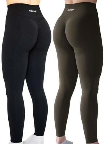 AUROLA Workout-Leggings für Damen, nahtlos, Scrunch-Strumpfhose, Bauchkontrolle, Fitnessstudio, Fitness, Mädchen, Sport, aktive Yogahose, Set (Schwarz + Dunkles Olivgrün), M