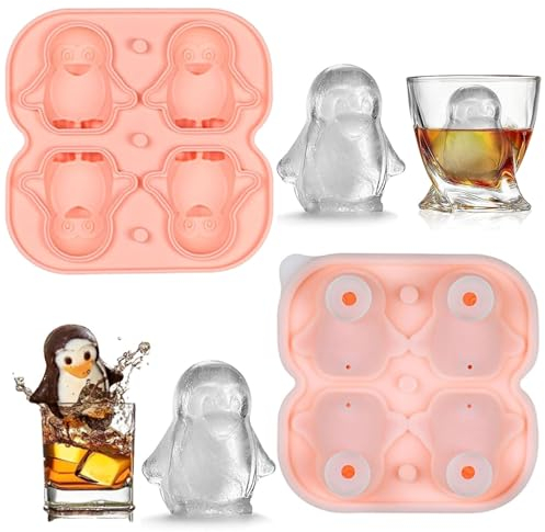 Silikon Eiswürfelform Pinguin, 4 Niedliche 3D Pinguin Eiswürfelformen, Ice Cube Tray Silicone, Wiederverwendbar Eiswürfelbehälter mit Deckel und Trichter, BPA-Frei, für Eis, Whiskey, Cocktail, Saft
