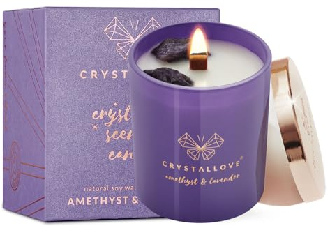 CRYSTALLOVE Duftkerze im Glas - Natürliche Soja-Kerze mit Amethyst und Lavendel - Candle - Geschenk Kerze - 220g - lang anhaltende Kerze für Zuhause - Blumenduft
