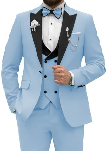 Wangyue Men's Tuxedo Suit 3 Piece Slim Fit Suit for Men Tuxedo for Men Wedding Party Dinner Prom, Sky Blue, XL