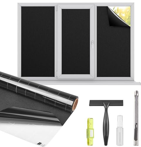 Kromapolis Blackout Window Privacy Film Total Light Blocking Room Darkening Window Covering, Removable Static Cling Frosted Glass Tint, Non-Adhesive, Black 11.8'' x 78.7''