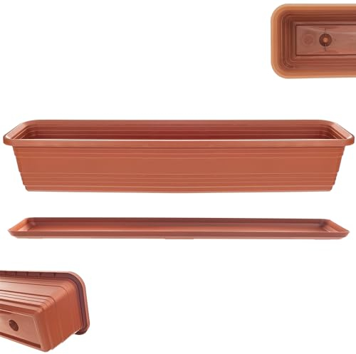 KADAX Jardinera con platillo en juego, con o sin soportes para jardinera, maceta de plástico para balcón, jardinera, barandilla, maceta (ladrillo, 80 cm)