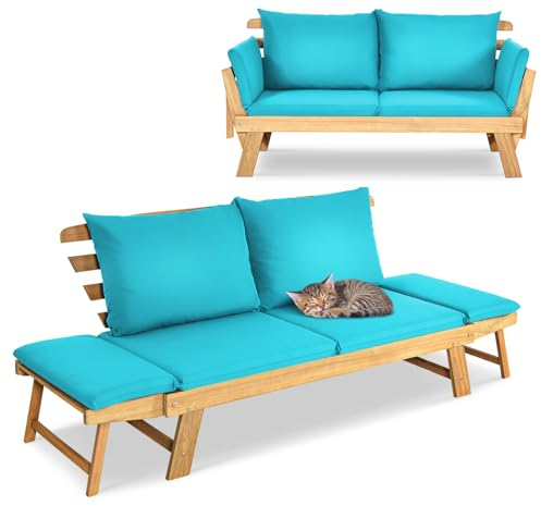 GIANTEX Liegesofa mit klappbaren Seitenlehnen, Gartenbank Sitzbank mit Auflagen, Sonnenliege Gartenliege aus Akazienholz, Multifunktionsbank Balkonbank Parkbank Gartenmöbel, grau/beige (Türkis)