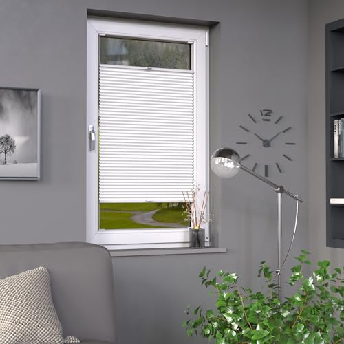 Deco-Raum Plissee auf Maß für alle Fenster innen, Montage in Glasleiste mit Spannschuh, Plissee mit Bohren Faltrollo Sichtschutz und Sonnenschutz Farbe Weiß B:41-50 cm, H: 101-150 cm