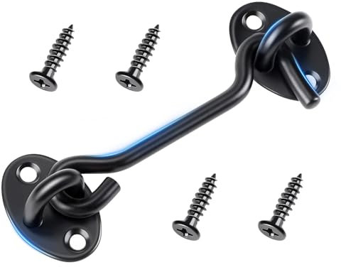 FlyCoco 10,2 cm schwarzer Edelstahl-Haken- und Ösenriegel, rostbeständiges Metall, schweres Scheunentürschloss mit Befestigungsschrauben für Sicherheit und Privatsphäre, passend für Fenster,