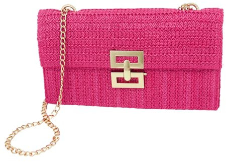 Ondder Women's Straw Woven Shoulder Bag Straw Clutch Purse Woven Beach Bag Crossbody Raffia Shoulder Bag for Women, Hot Pink, 12 x 10.5 x 6 inches