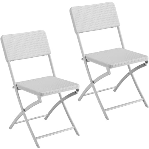 BAKAJI Set mit 2 Klappstühlen, platzsparend, Gartenstühle, Stühle, Gartenmöbel, mit Sitz und Rückenlehne aus Polyrattan und Stahlgestell, modernes Design, Größe 54 x 44,5 x 81 cm (weiß)