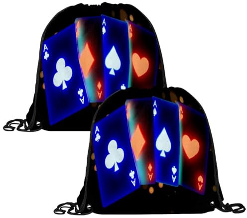 VAPOKF Turnbeutel mit Kordelzug, Turnbeutel aus Polyethylen, personalisierbar, für Schule, Fitnessstudio, Sport, Reisen, leuchtende Ace, Pokerkarte, 2 Stück, multi, 13.4x13.0in/34x33cm