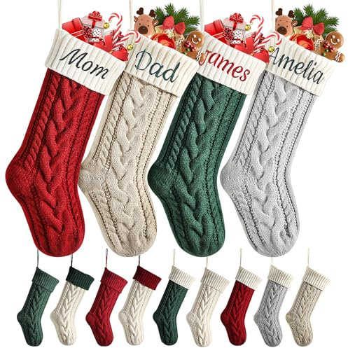 Beswitory Chaussette de Noël personnalisée Prenom Nom,Tricotés 46cm Décorations de Bas de Noël Personnalisable a Chaussettes de Cheminée à Suspendre Xmas Sac Cadeau Sac de Bonbons,1PCS A