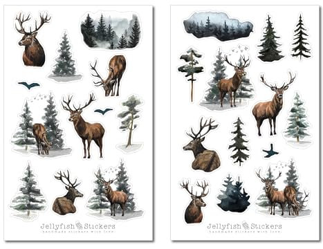 Hirsch Sticker Set - Journal Sticker, Planer Sticker, Aufkleber Wald, Natur, Tiere, Bäume, Vögel, Vogel, Landschaft, Geweih, Nacht, Tanne
