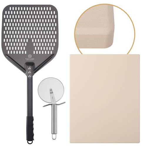 Pizza Lover Juego de piedras para pizza premium para horno y barbacoa, 4 en 1, incluye pala perforada para pizza + piedra para pizza hasta 800 °C de cordierita + cortador de pizza y libro de recetas