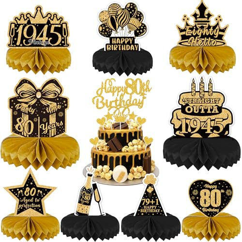 80th Birthday Table Decorations for Men - Black and Gold Party Supplies Honeycomb Centerpieces Cake Toppers for Women, 17 Pieces Cheers to 80 Years Vintage 1945 Decor Happy 80th Birthday