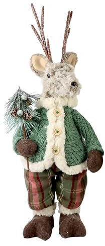 Generisch Rentier Hirsch aus Plüsch und Textil mit Tannenbäumchen Figur stehend 53 cm groß XL Deko Winter Weihnachten Landhausdeko