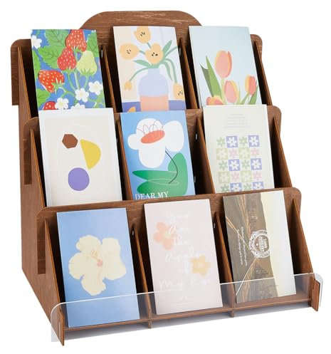 SUPERFINDINGS Présentoir à Autocollants à 3 Niveaux Présentoir de Cartes de voeux en Bois Organisateur de Cartes Postales pour vendeurs Porte-brochures Polyvalent Présentoir en Bois, 37x25x37.1cm
