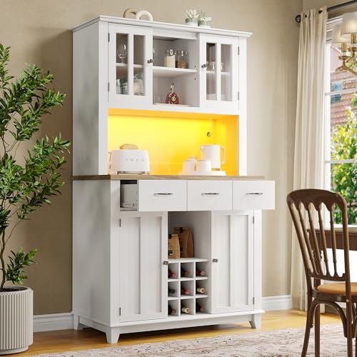 Pangshiyuan Armadio da cucina con illuminazione a LED, armadietto a buffet con ripiani regolabili, armadietto con ante in blister, moderno mobile alto per cucina, sala da pranzo e soggiorno, 106 × 40